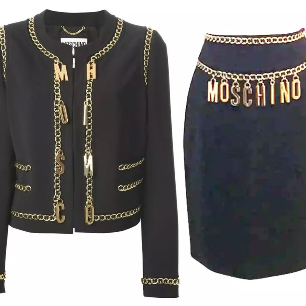Moschino Black Jacket Gold Chain Logo Letter Couture 2 PIECE SKIRT SUIT USA 6 4